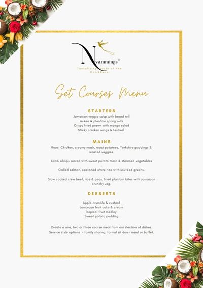 Caribbean cuisine set courses menu with starters, mains, and desserts.