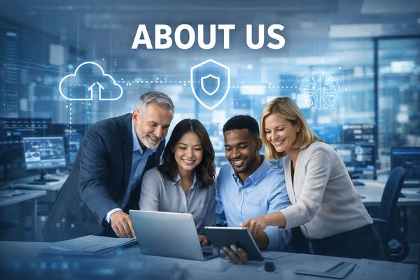 Diverse team collaborating in a modern office with tech icons and 'About Us' title.