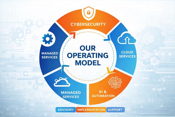 Operating model cycle including cybersecurity, cloud services, AI automation, and managed services.