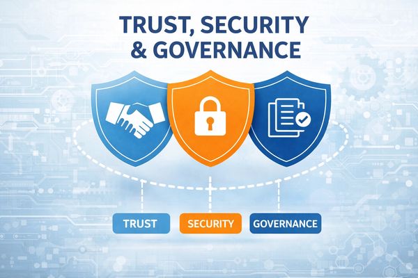 Illustration of trust, security, and governance represented by shield icons and labels.