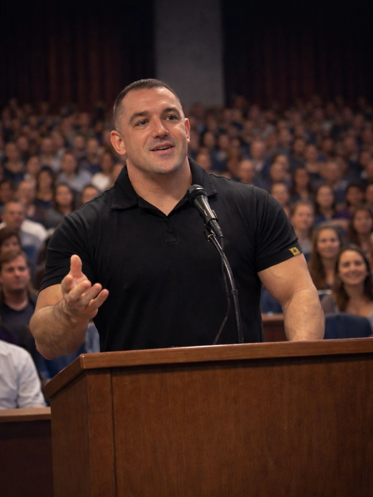 A man in a black shirt speaking at a podium to an audience.