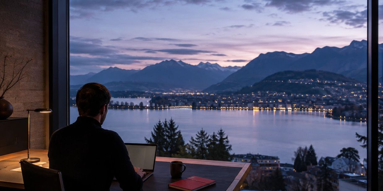 Man working on a laptop with a scenic mountain and lake view at dusk.