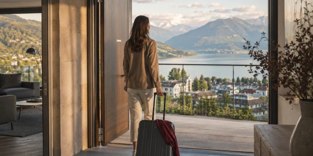 Woman with suitcase admiring mountain and lake view.