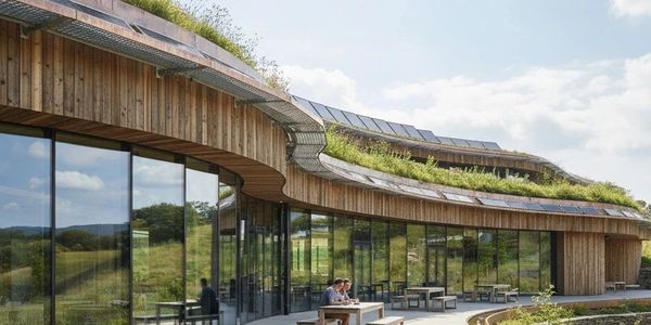 Modern eco-friendly building with curved wooden facade and green rooftop.