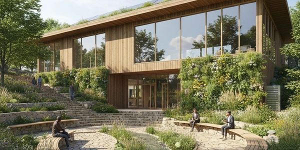 Modern eco-friendly building with large windows surrounded by lush greenery and a stone pathway.