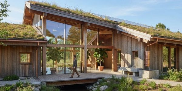 Modern wooden house with green roof over a small stream on a sunny day.