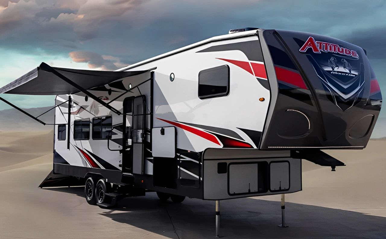 Large RV parked with its awning extended