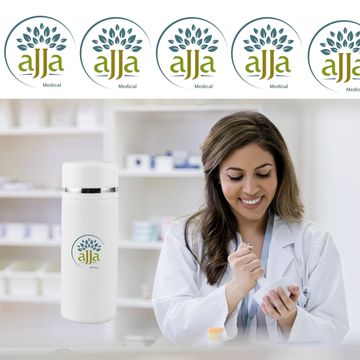 Smiling pharmacist with medical products branded Ajja.