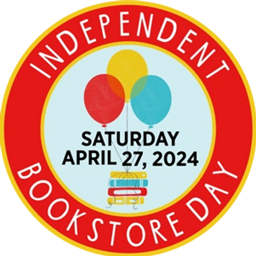 Circular logo with balloons tied to a stack of books for independent bookstore day April 27, 2024.
