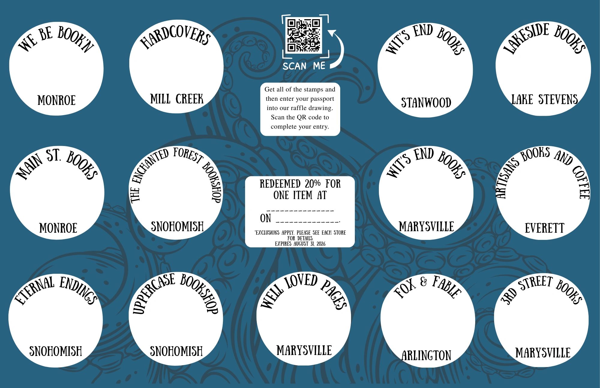 Bookstore passport with stamps from various Washington towns and a QR code for a raffle.
