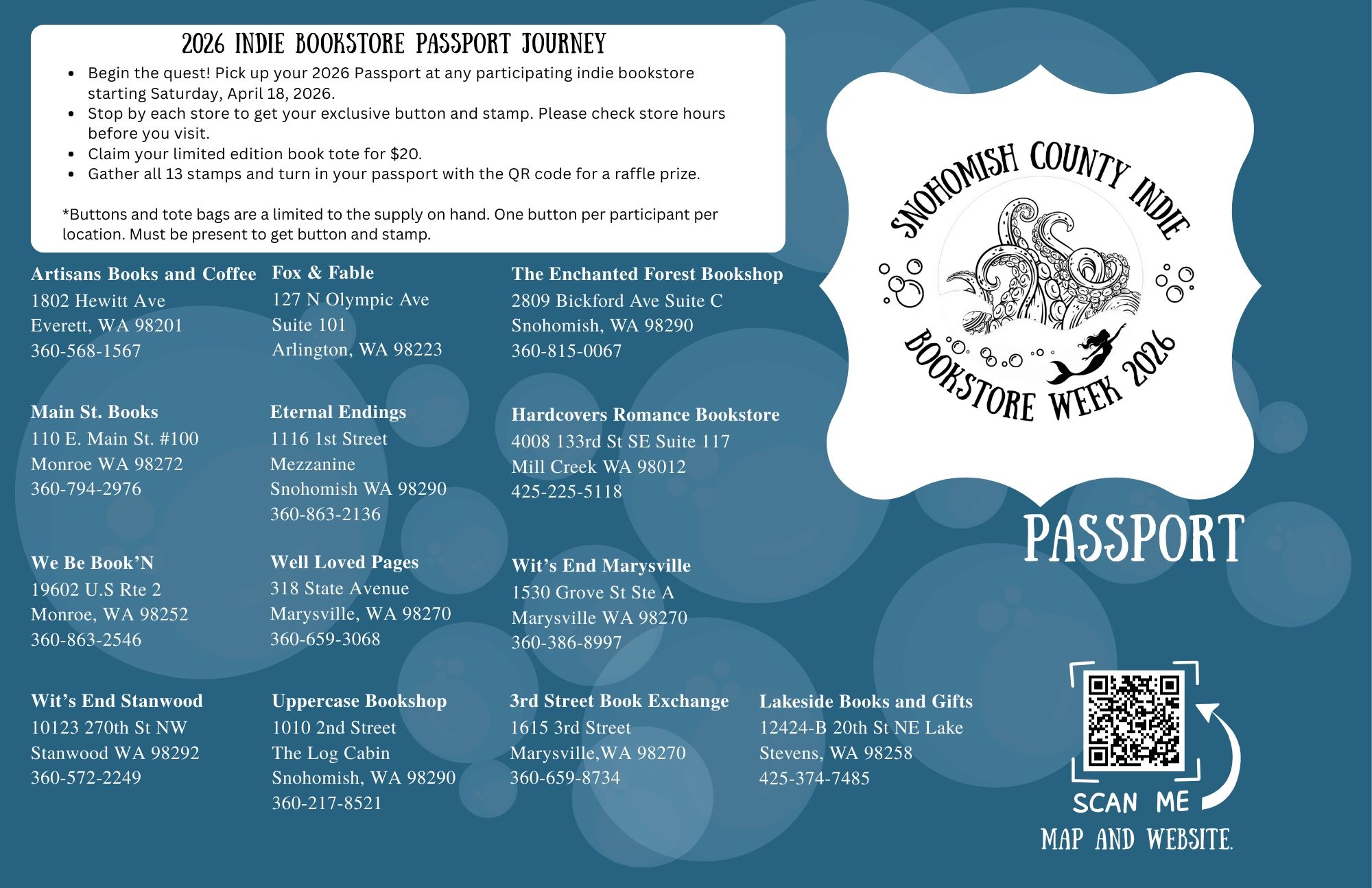2026 Indie Bookstore Passport Journey with participating stores and instructions in Snohomish County.