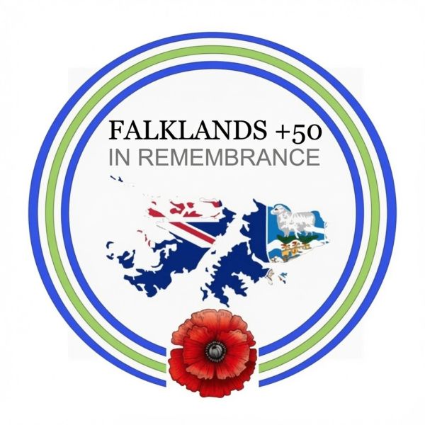 Falklands +50 In Remembrance with map and poppy symbol.