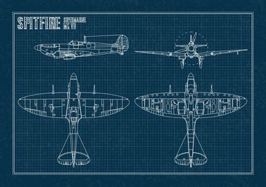 Blueprint of the Spitfire XF aircraft showing multiple views.
