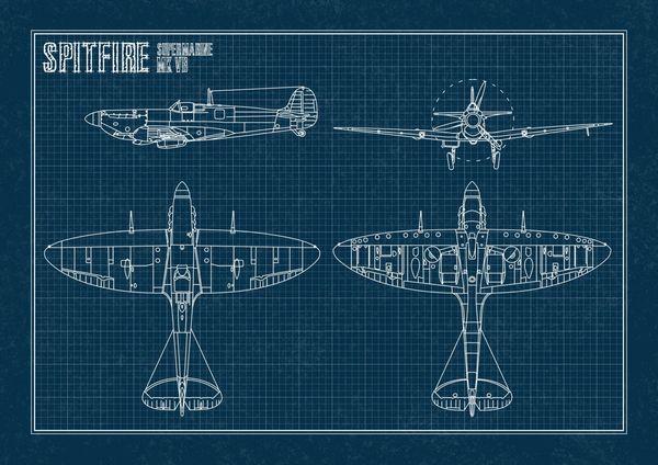 Blueprint of a Spitfire aircraft showing top, side, and front views.