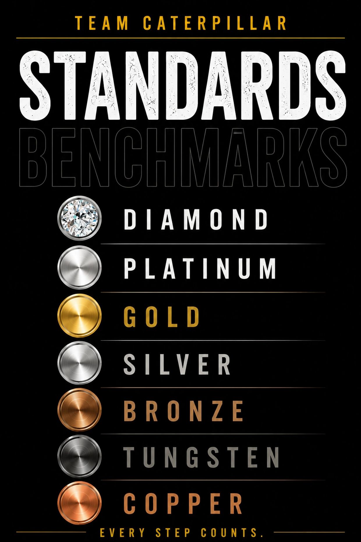 Team Caterpillar standards ranked from Diamond to Copper with a motto.