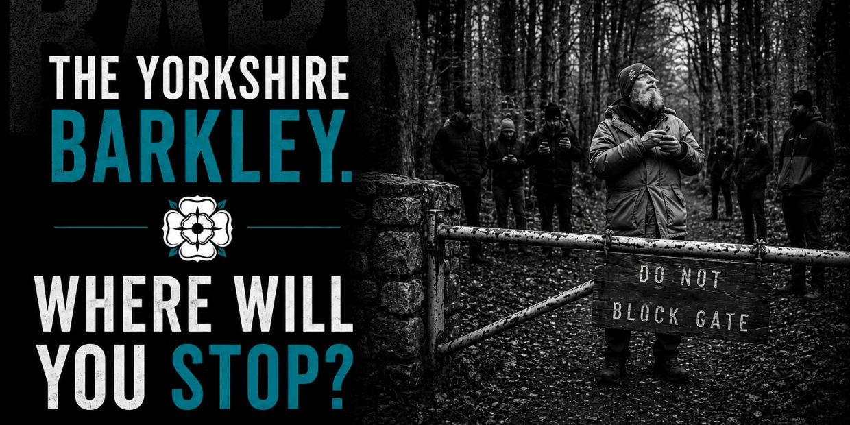 The Yorkshire Barkley challenge with a forest gate and participants in outdoor gear.