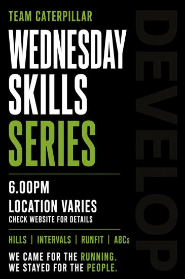 Team Caterpillar hosts Wednesday Skills Series at 6 PM with varied locations.