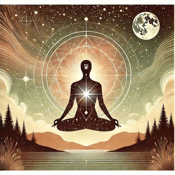 Silhouette meditating under cosmic sky with glowing light and moon.