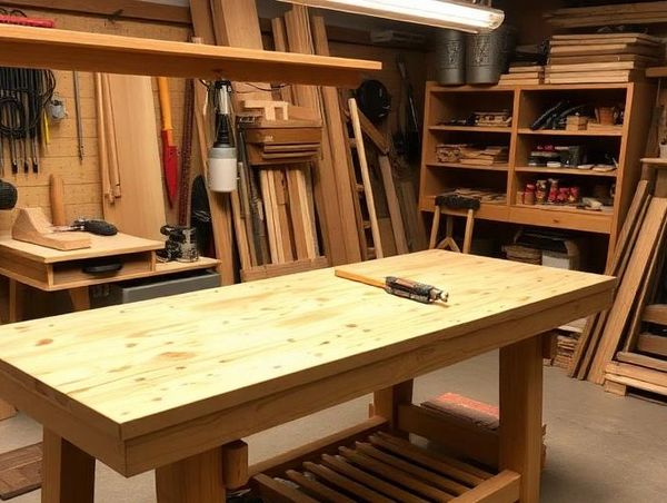 A well-organized woodworking workshop with a large workbench and wood supplies.