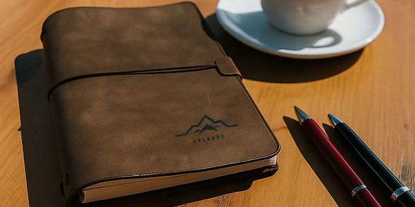 A leather-bound journal, two pens, and a cup of coffee on a wooden table by the water.