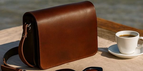 A brown leather bag, black sunglasses, and a cup of coffee on a wooden table by the sea.