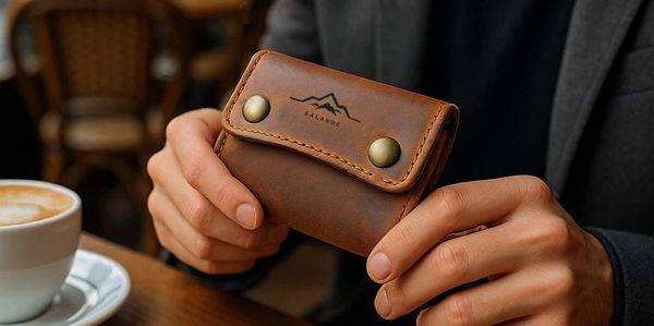 Man holding a brown leather wallet in a cozy café setting.