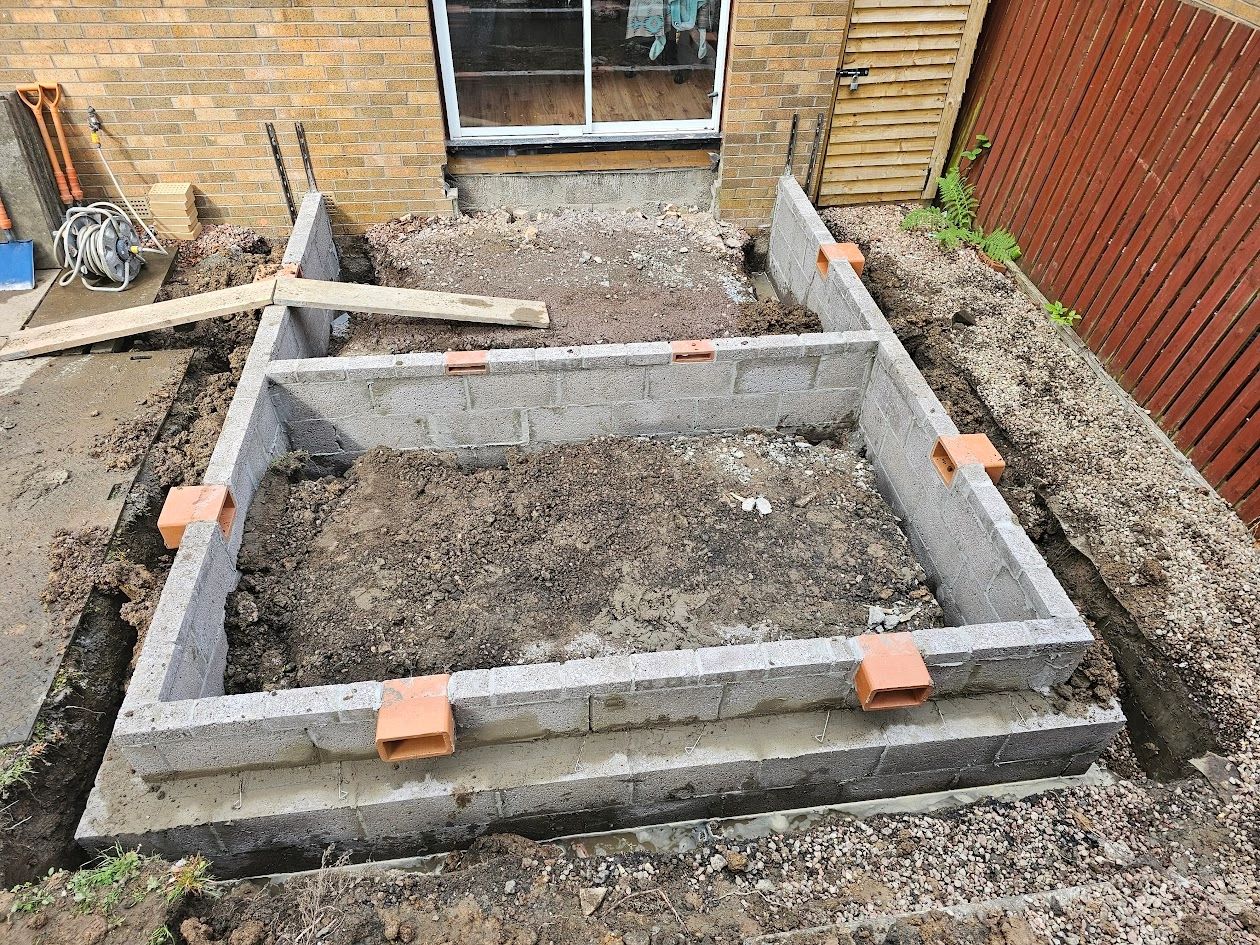 Foundation and blockwork for a small backyard extension under construction.