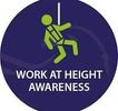 Safety sign for work at height awareness with a person on a harness.