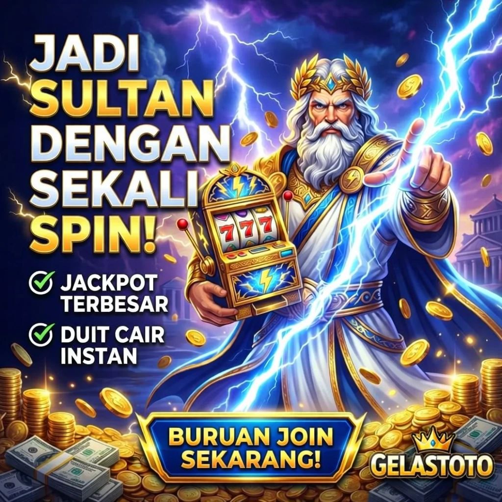 Promotional image for Gelastoto with a powerful Zeus figure and jackpot promises.