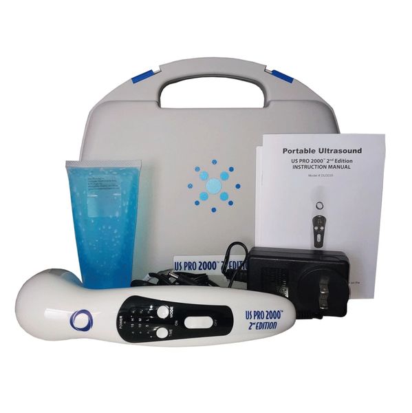 US Pro 2000 2nd Edition portable ultrasound device with gel, charger, manual, and carrying case.