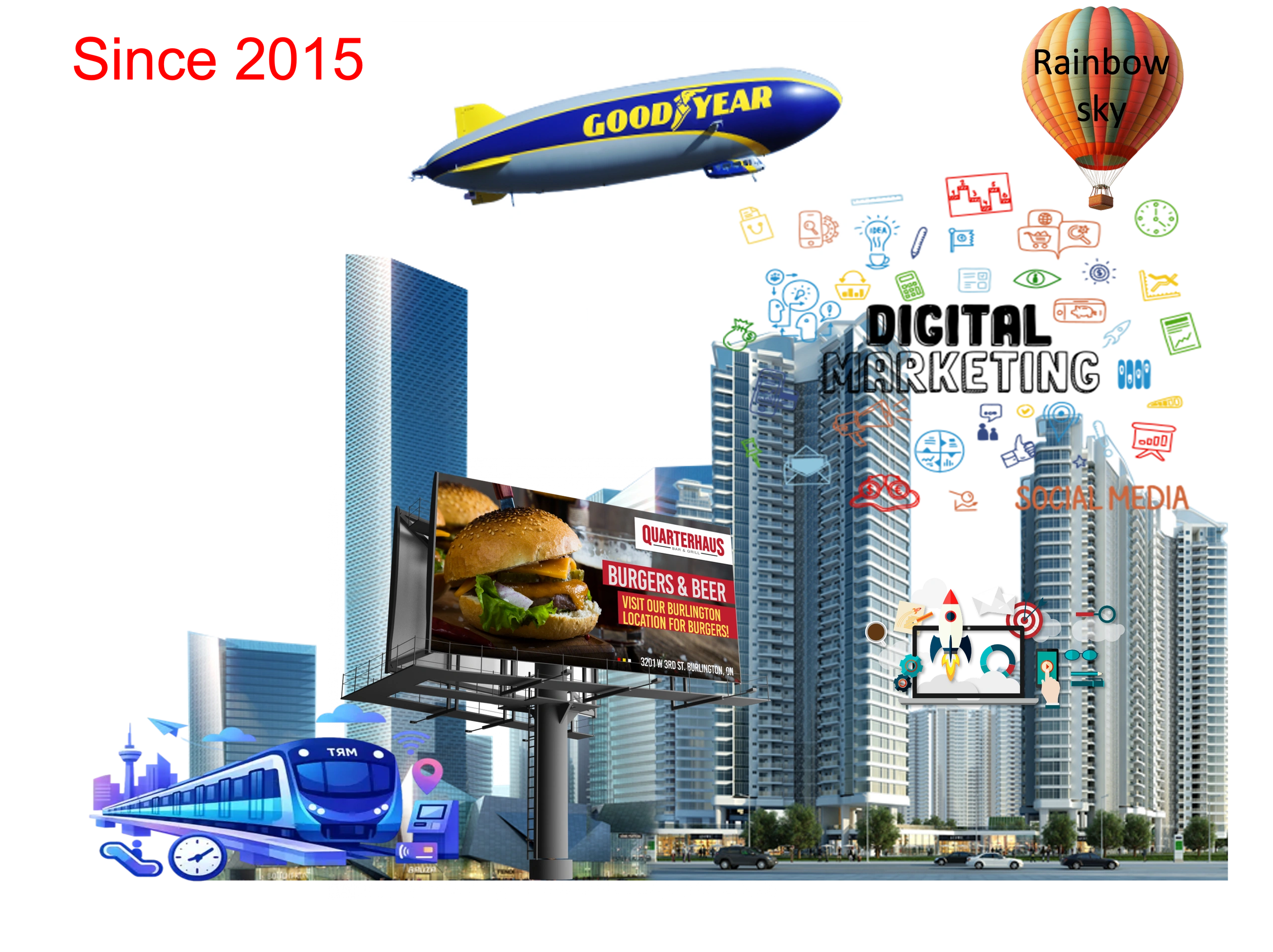 Cityscape with skyscrapers, hot air balloons, blimp, train, and digital icons.