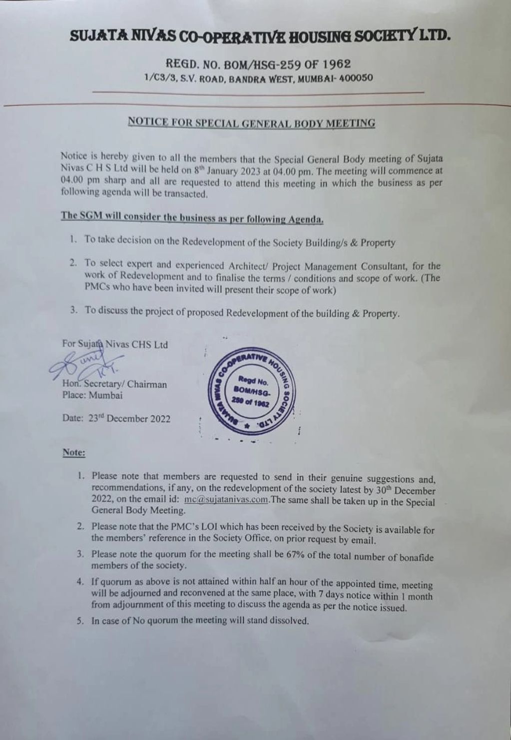 SGM Notice for Redevelopment (To select PMC)