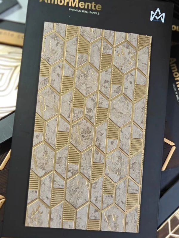 Decorative wall panel with geometric gold and beige pattern.