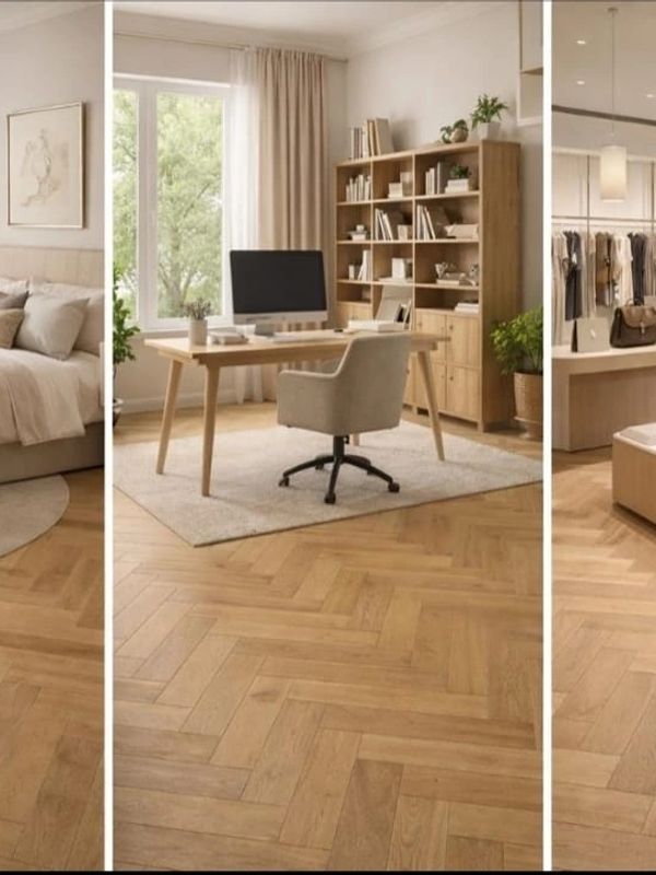 Three cozy and stylish indoor spaces with wooden flooring.