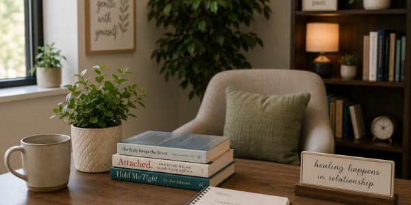 Warm therapy space with books, journal, plants, and comfortable seating.