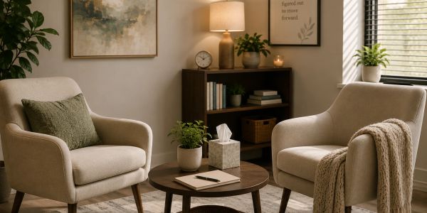 Warm, welcoming therapy space with comfortable seating and calming decor.