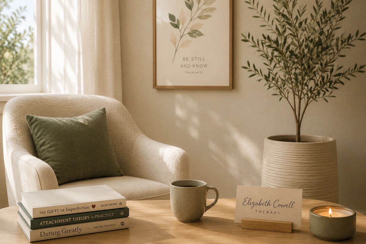 Warm therapy space with a comfortable chair, books, candle, and plant.