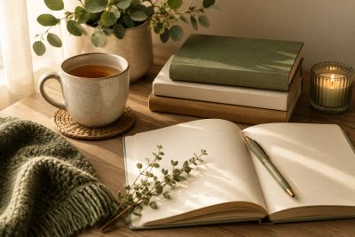 Journal, books, and tea in a peaceful setting for reflection and personal growth.