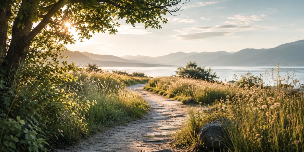 Sunlit walking path through tall grass overlooking a peaceful lake and mountains.