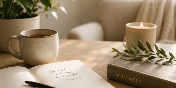 Warm therapy space with books, journal, plants, and comfortable seating.