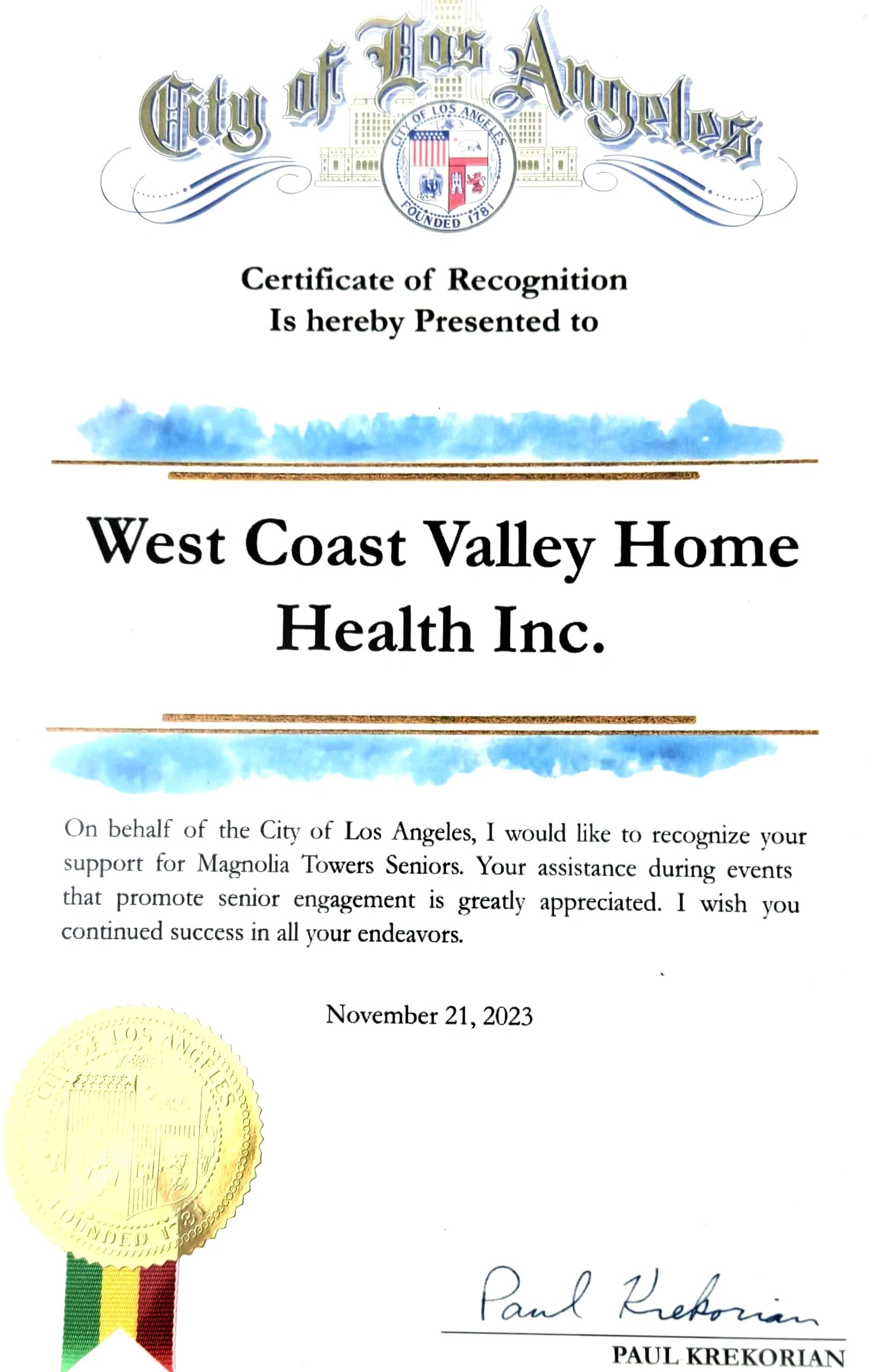 WCVHH Participation at an Event of Magnolia Towers Senior Living Community was Honored by City of LA