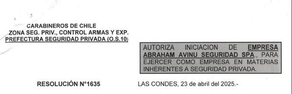 Resolución OS10 de Carabineros N 1635 del 23 de Abril de 2025 donde autoriza funcionamiento 