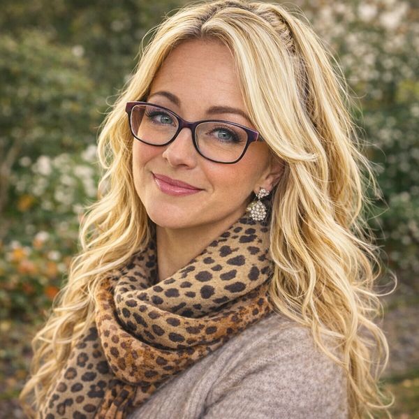 Blonde woman with glasses and leopard print scarf smiling outdoors.
