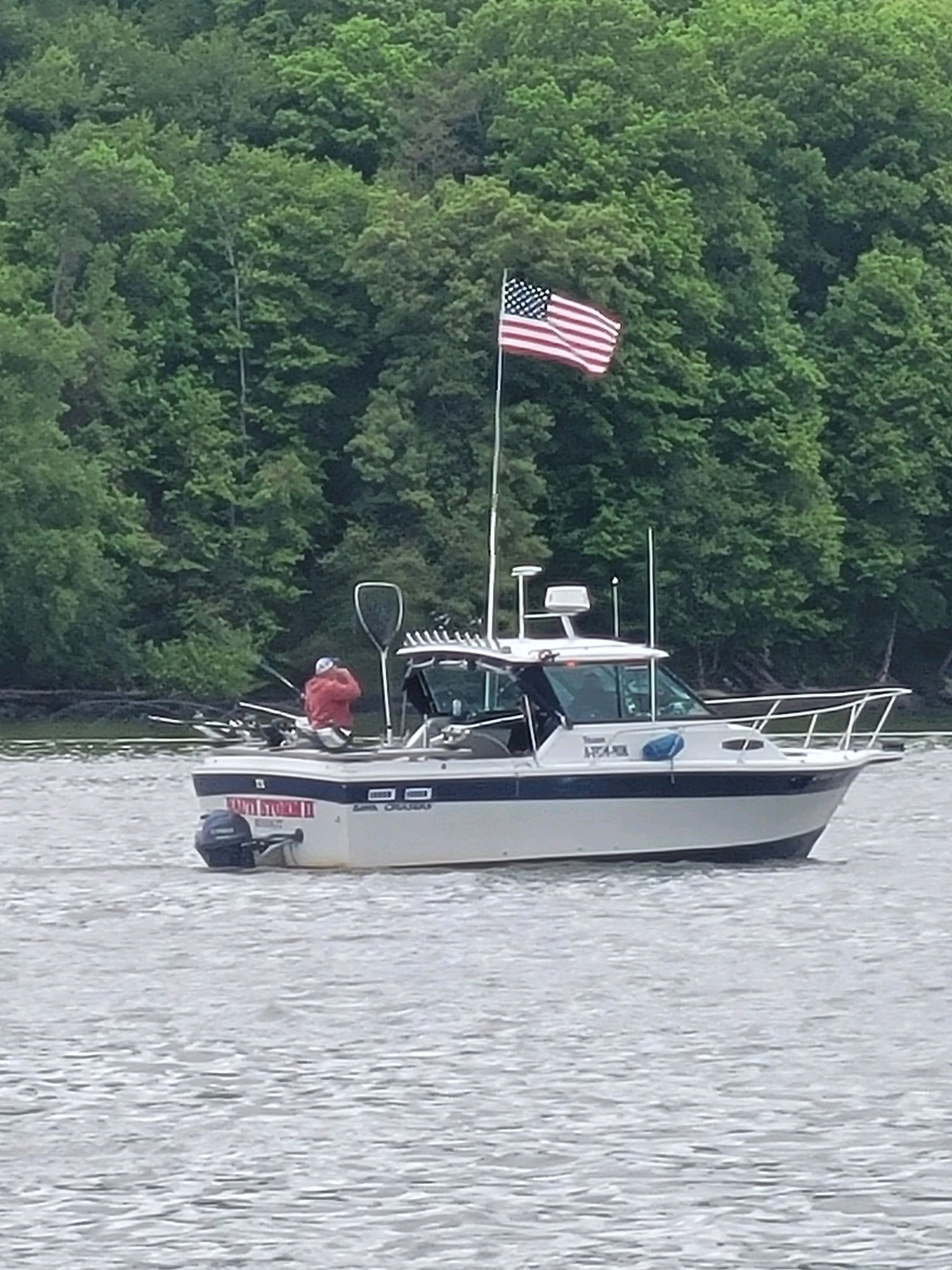 Boat with American flag on a lake near forest.