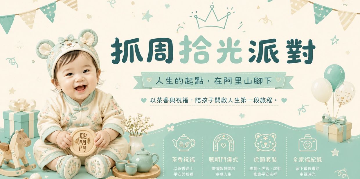 A joyful baby in traditional attire at a pastel-themed celebration with gifts and decorations.