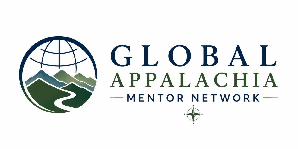 Logo of Global Appalachia Mentor Network with mountain and globe design.