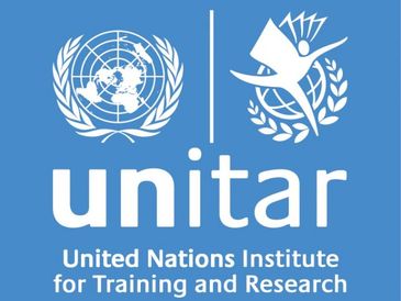 UNITAR logo with United Nations emblem and training symbol on blue background.