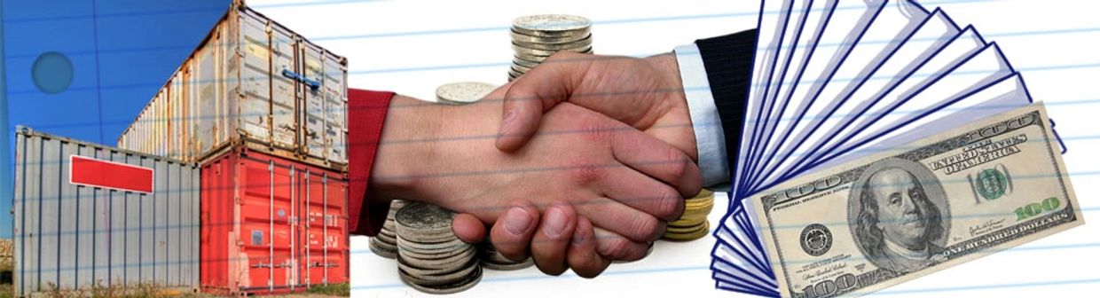 Handshake with shipping containers and money symbolizing business deals.