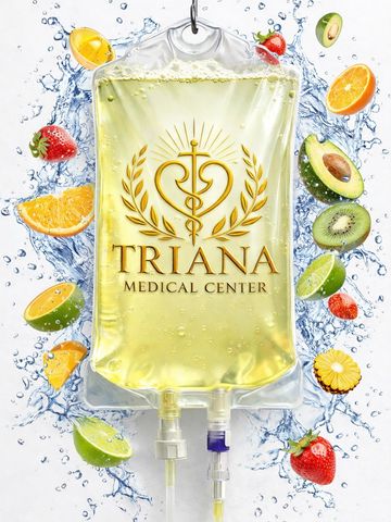 IV bag labeled Triana Medical Center with fruit and water splashes.