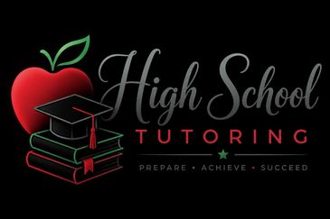 Logo for High School Tutoring with an apple, books, and cap.